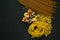 Variety of italian uncooked pasta flat lay on a black background