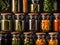 variety of jars of pickled vegetables and herbs