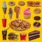 Variety of junk food on yellow background