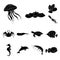 A variety of marine animals black icons in set collection for design. Fish and shellfish vector symbol stock web