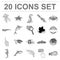 A variety of marine animals monochrome icons in set collection for design. Fish and shellfish vector symbol stock web