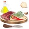 Variety of meat steaks on board with side products and herbs. Vector illustration