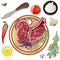 Variety of meat steaks on board with side products and herbs. Vector illustration