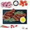 Variety of meat steaks on board with side products and herbs. Vector illustration