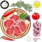 Variety of meat steaks on board with side products and herbs. Vector illustration