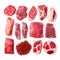 Variety of meats and an array of aromatic spices, each thoughtfully isolated on a clean white background.