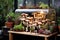 a variety of mushroom species growing in a mini greenhouse