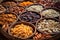 Variety of nuts and dried fruits in wooden bowls