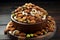 Variety of nuts nestled in a wooden bowl on gray background