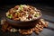 Variety of nuts nestled in a wooden bowl on gray background