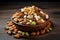 Variety of nuts nestled in a wooden bowl on gray background