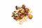 A variety of nuts  are placed on the white background at the center of the image, top view, flat lay,top-down