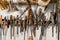 Variety of old vintage and modern household hand tools on a garage shelves in a DIY and renovations concept