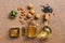 A variety of olive oil, walnut, sunflower and almond flat lay. View from above