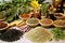 Variety of oriental spices and herbs on the counter