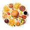 Variety of popular fast-food items, each isolated on a crisp white background.