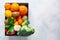 A variety of products, vegetables and fruits to maintain immunity in a black box on a white background. Copy space