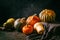 Variety of pumpkins - autumn agricultural still life with cucurbita fruits come in an assortment of colors and sizes