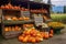 variety of pumpkins and gourds on wooden crates at a pumpkin patch