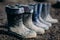 Variety of rubber boots in a line in the dirt in early spring