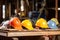 variety of safety helmets on a workbench