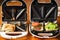 a variety of sandwiches that can be prepared in a sandwich maker concept. Row of electric sandwich makers on a wooden background