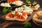 Variety of sandwiches with tomatoes, mozzarella, avocado, eggs and cream cheese.