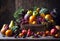 Variety of seasonal fruits vegetables and delectable treats on a rustic wooden table