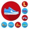 A variety of shoes flat icons in set collection for design. Boot, sneakers vector symbol stock web illustration.