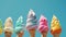 Variety of soft serve ice cream cones against a blue sky