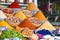 Variety of spices on the arab street market stall