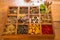 Variety of spices and condiments in the wooden box on the table