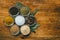 Variety of spices in round glass bowls - ground ginger, hops-suneli, kari, black pepper and a mixture