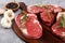 Variety Steak raw. Barbecue Rib Eye Steak, dry Aged Wagyu Entrecote Steak