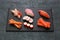 Variety of surimi products, imitation crab sticks