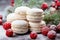 Variety of sweet macaroons. The branches of spruce on bokeh background. Modern european French cuisine. Christmas theme