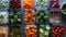 A variety of a table with plastic containers filled with vegetables, AI