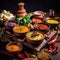 Variety traditional Indian dishes on the wooden table, selection of assorted spicy food.