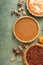 Variety of traditional Thanksgiving pies on green background with copy space