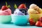 A variety of vibrant flavors of ice cream with fruits.