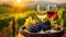 Variety of wine glasses displayed on wooden barrel against picturesque vineyard scene