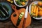 Variety zucchini, squash on a wooden background, top view. Vegetarian diet food concept. Cooking ingredients