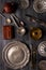 Various antique vintage dishes on black background