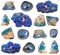 Various Azurite gem stones isolated on white