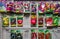 Various bags of common seeds and flowers on a shelf in a gardening store in Belarus Minsk January 27, 202.