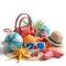 Various beach items, accessories and toys scattered on a white background. Summer vacation concept