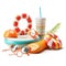 Various beach items, accessories and toys scattered on a white background. Summer vacation concept