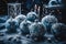 Various blue and silver christmas balls on a background with lights Generative AI