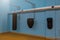 Various boxing bags in an empty gym. Selective focus with blurred background