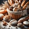 Various bread in wicker basket flour and wheat stalks